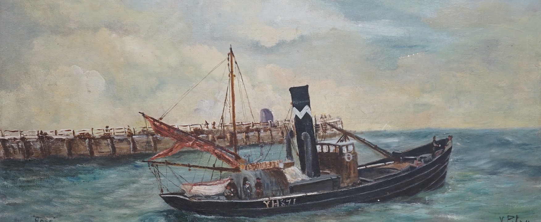 V. Pulmer, oil on board, Yarmouth fishing boat 'Rose' leaving harbour, signed, 26 x 59cm